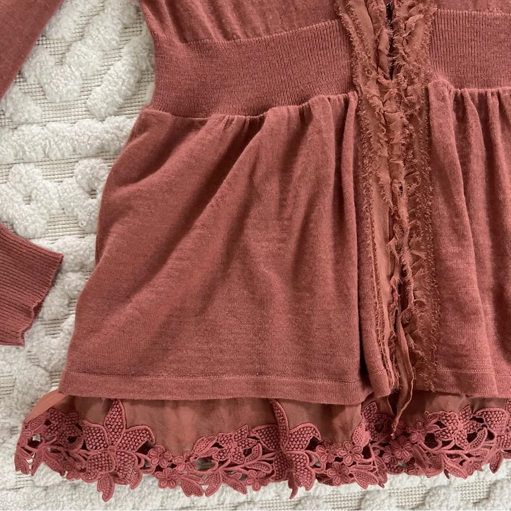 Anthropologie Moth Rust Ruffle Lace Trim Empire Waist Cardigan Medium